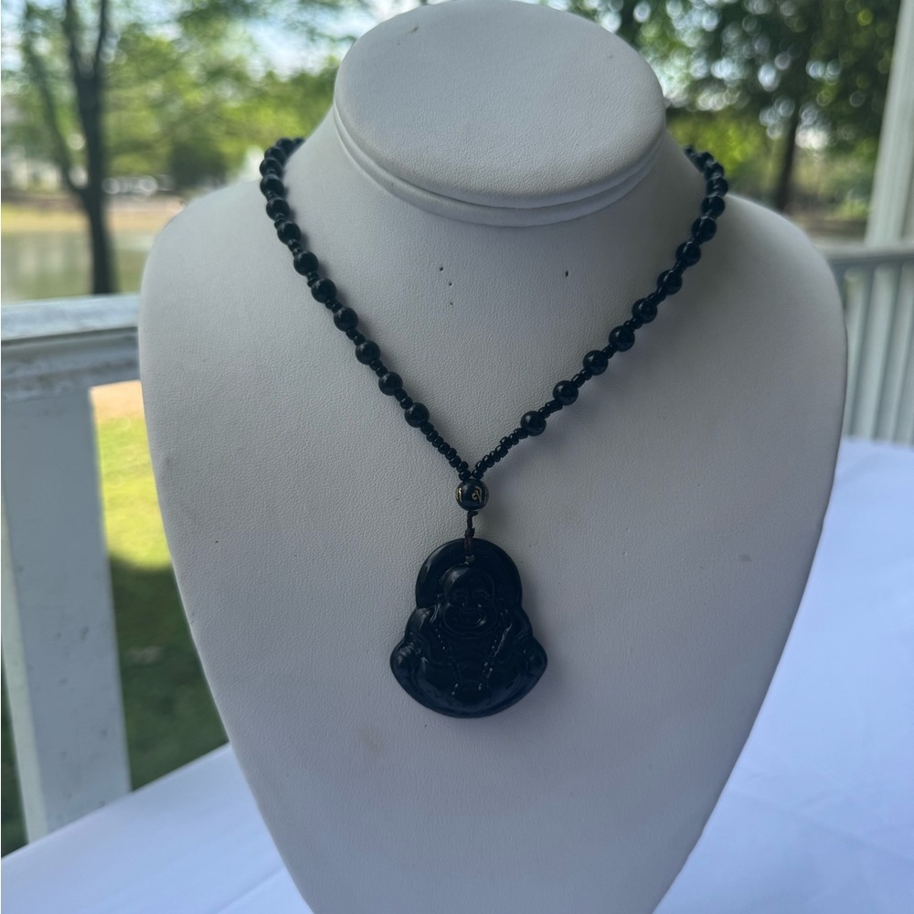 Black Beaded Necklace with Buddha Pendant